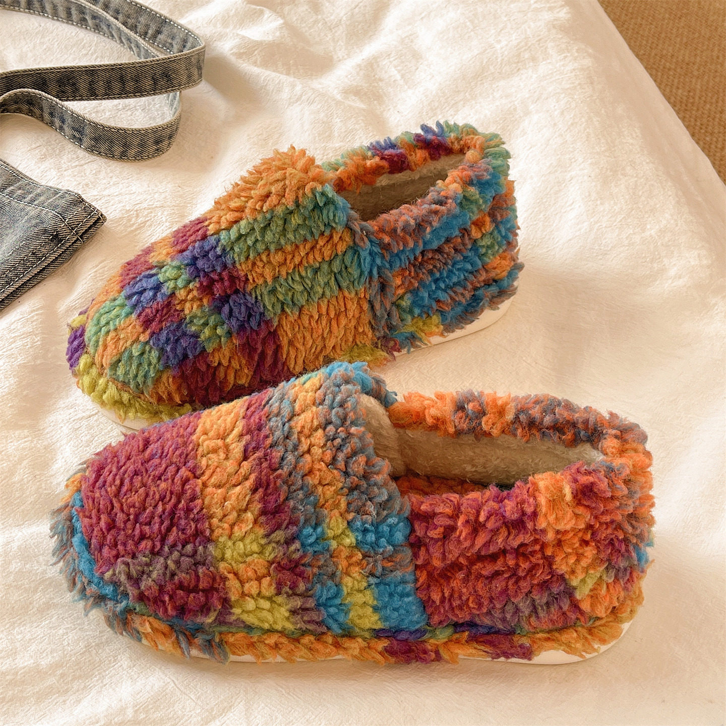 毛毛棉拖鞋女士冬季时尚休闲居家室内加绒保暖厚底包跟防滑月子鞋