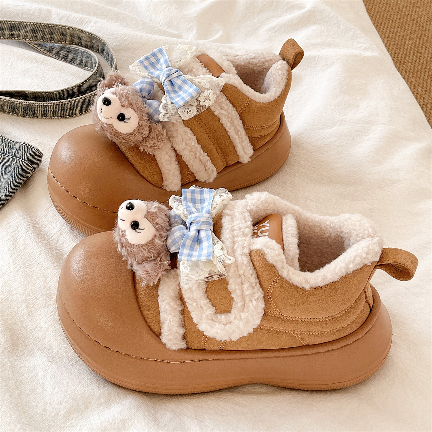 俏绘可爱魔术贴加绒包跟棉拖鞋