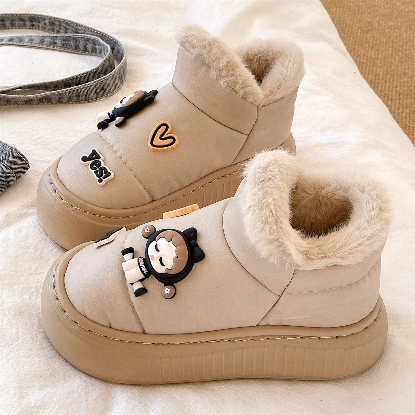 俏绘可爱卡通防水厚底包跟棉拖鞋