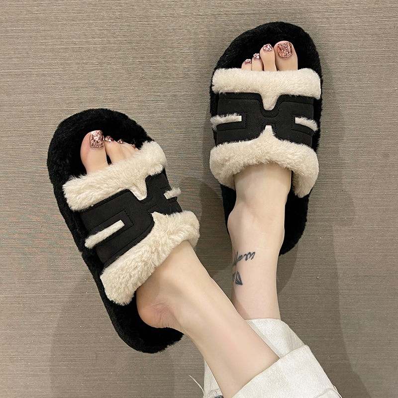 韩版时尚毛绒保暖一字拖