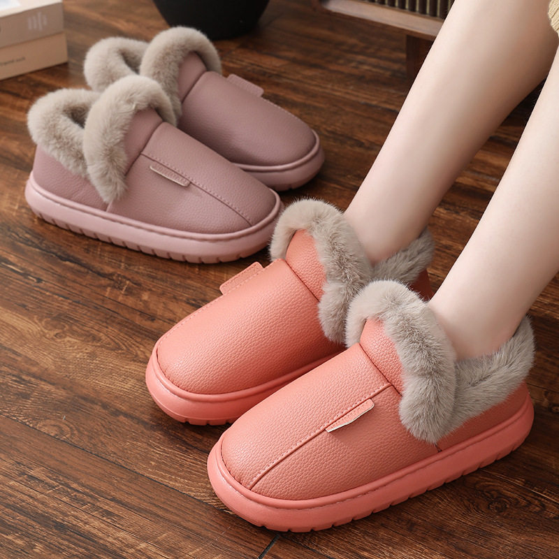 冬季新款皮面防水保暖包跟棉拖鞋