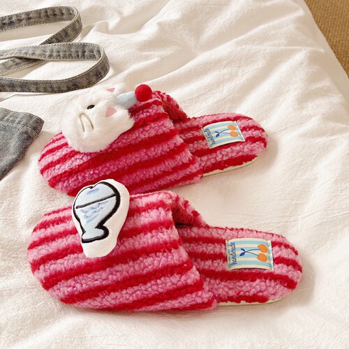 俏绘可爱猫咪小鱼条纹毛绒棉拖鞋