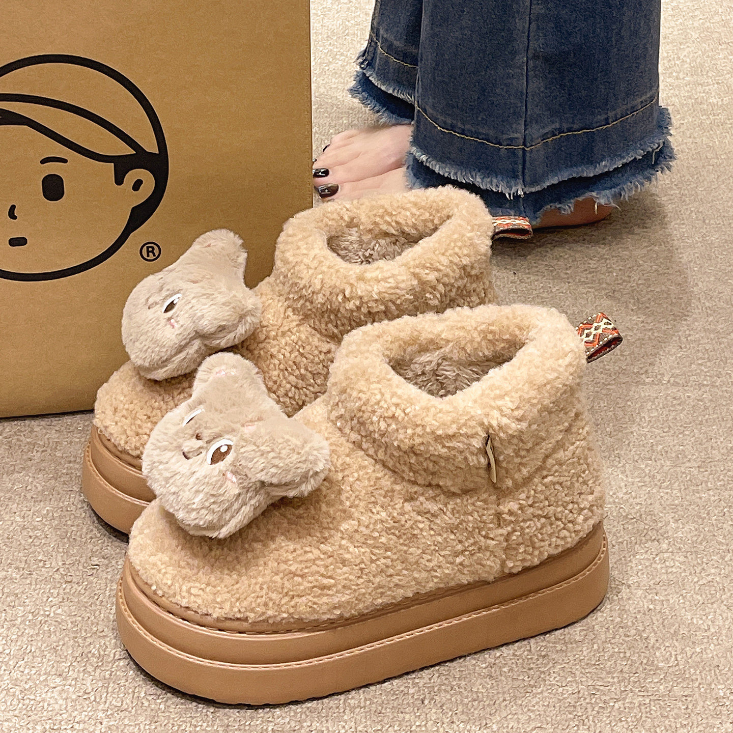 可爱小熊棉鞋女冬季外穿高帮包跟防滑棉靴厚底加绒加厚保暖雪地靴,女鞋,毛毛鞋,淘宝优惠券,粉丝福利购,淘宝优惠卷