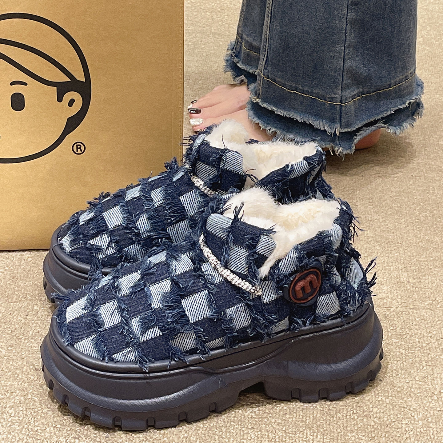 俏绘复古牛仔厚底保暖包跟棉拖鞋