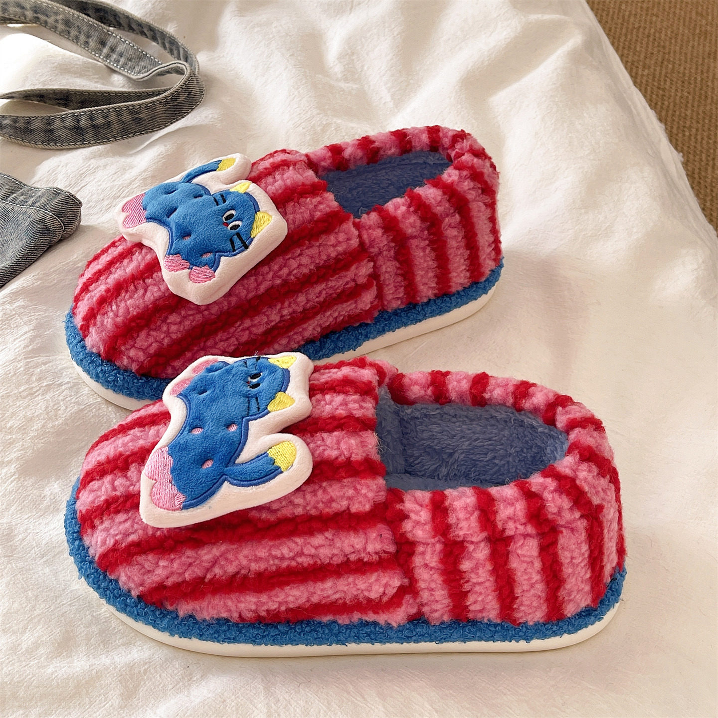 可爱猫咪条纹棉拖鞋女冬季室内居家加绒月子保暖防滑包跟毛毛棉鞋,女鞋,毛毛鞋,淘宝优惠券,粉丝福利购,淘宝优惠卷