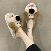 可爱狗狗韩版 女秋冬季 保暖室内家居卡通一字毛毛拖 棉拖鞋 2025新款