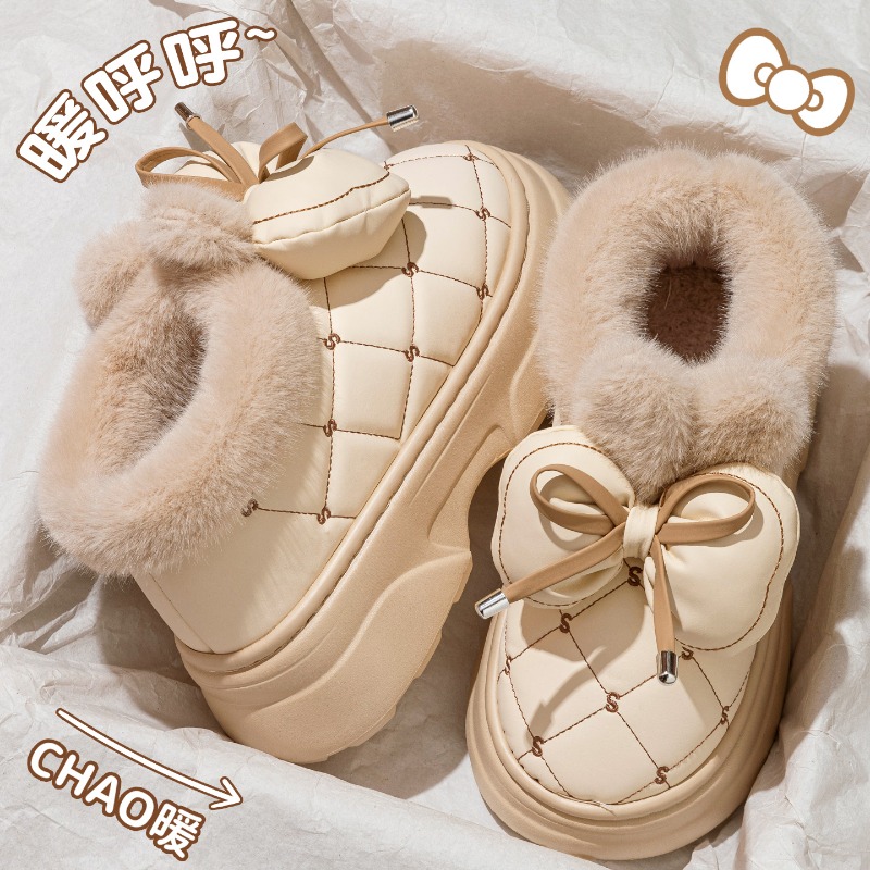 加绒保暖可爱兔耳蝴蝶结包跟棉鞋