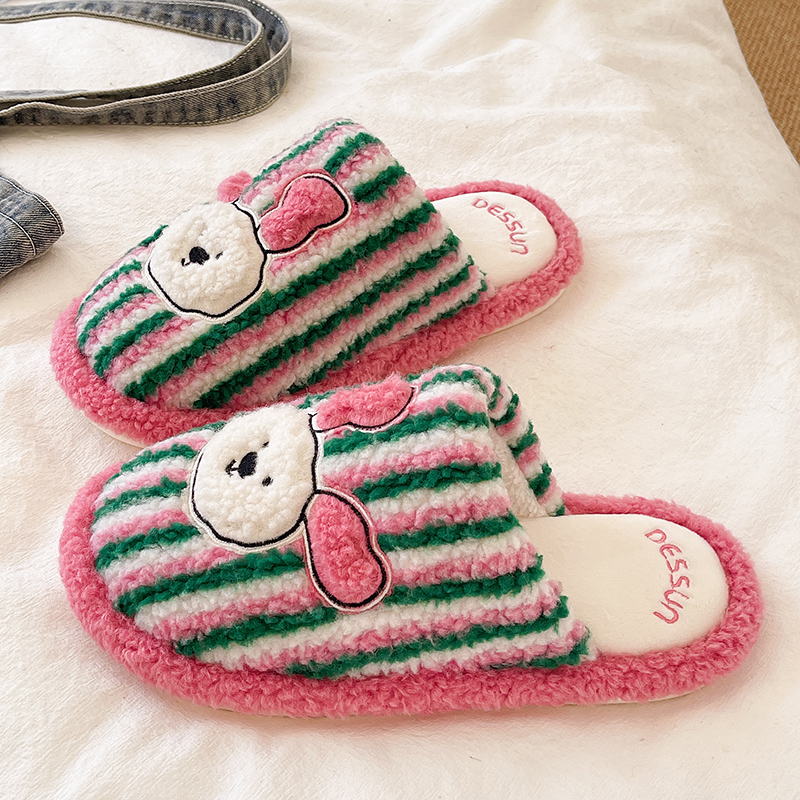俏绘可爱线条小狗软底条纹棉拖鞋