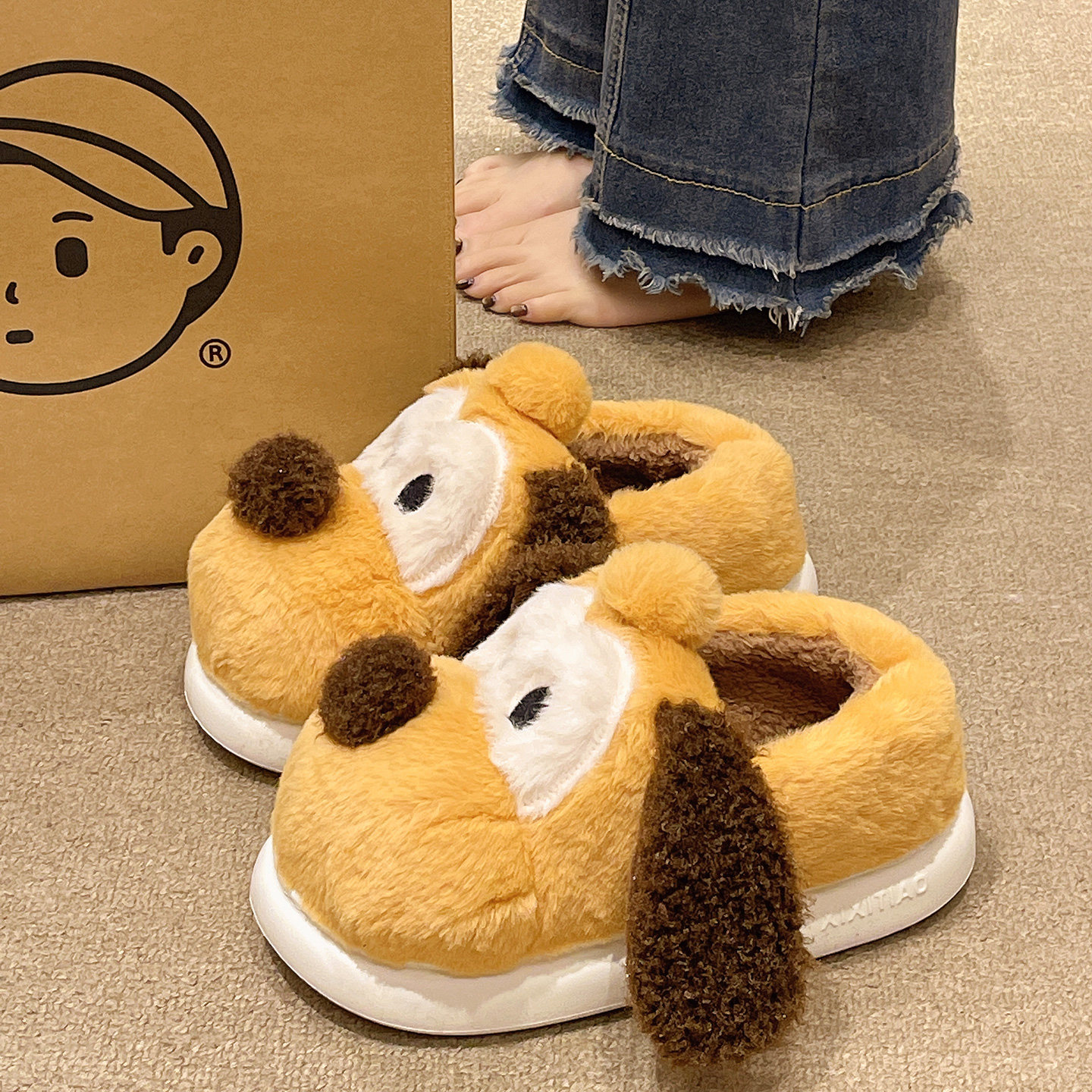 可爱小狗毛毛棉拖鞋女冬季室内家居防滑厚底毛绒保暖包跟月子棉鞋,女鞋,毛毛鞋,淘宝优惠券,粉丝福利购,淘宝优惠卷