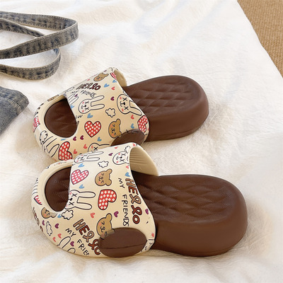 俏绘卡通小熊兔子厚底拼色一字拖