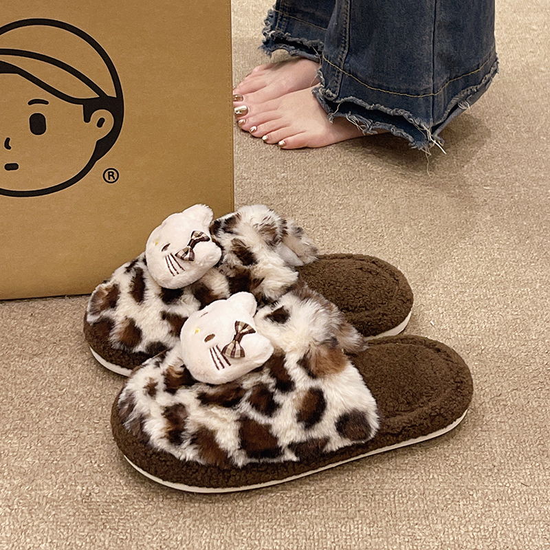 可爱猫咪豹纹棉拖鞋女款秋冬季毛绒保暖室内家居防滑平底包头拖鞋