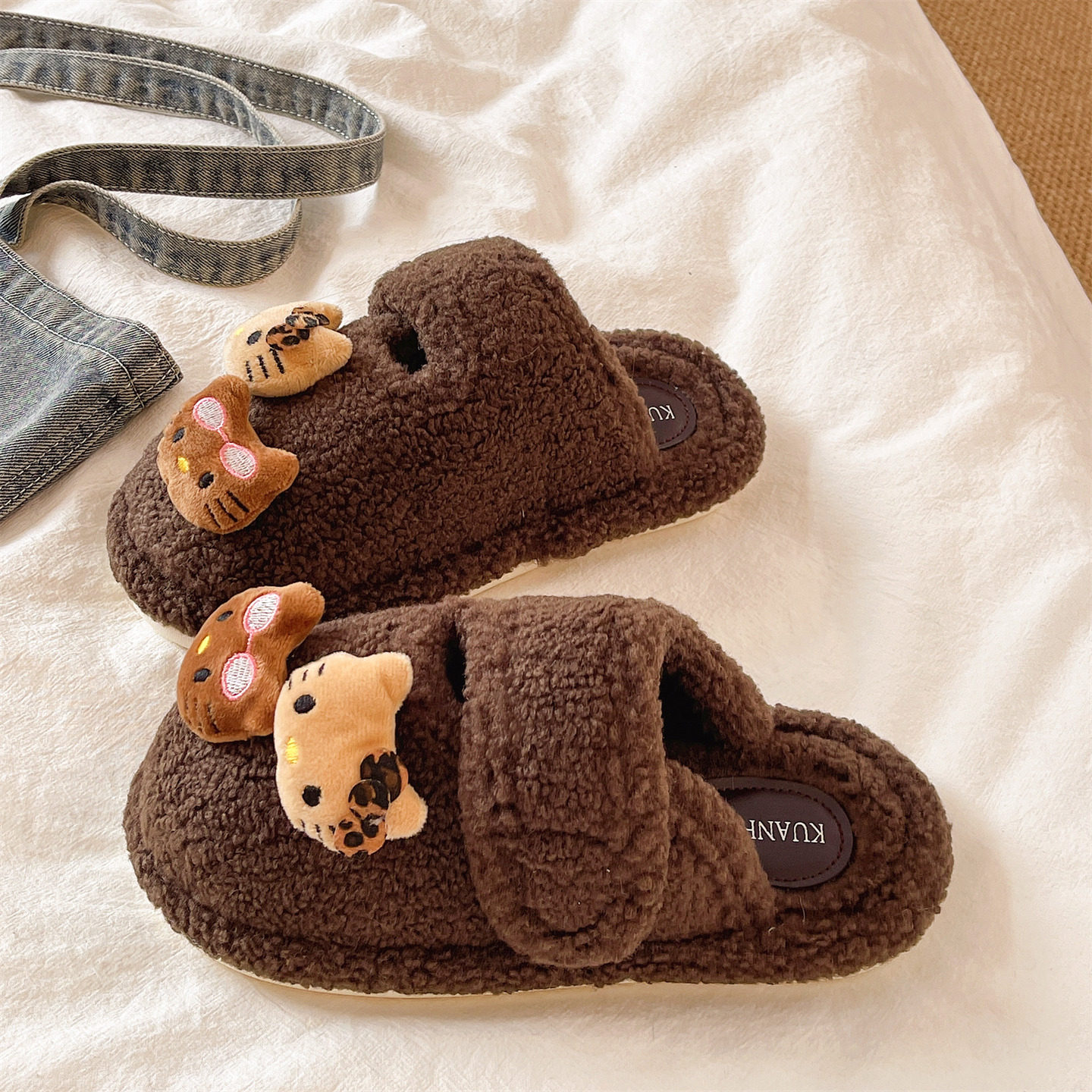 毛毛拖鞋女士冬季可爱猫咪居家室内加绒保暖包头防滑魔术贴棉拖鞋,女鞋,毛毛鞋,淘宝优惠券,粉丝福利购,淘宝优惠卷