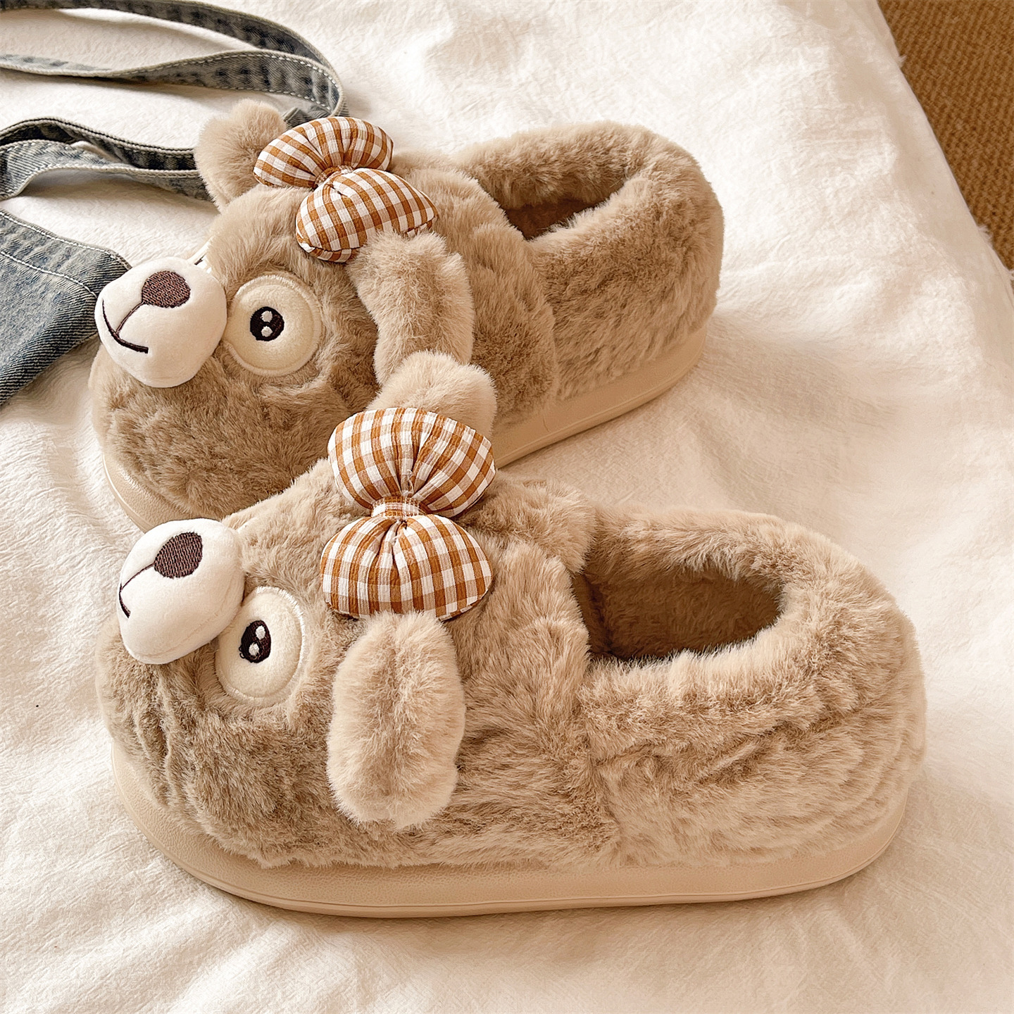 俏绘可爱蝴蝶结小熊厚底包跟棉鞋