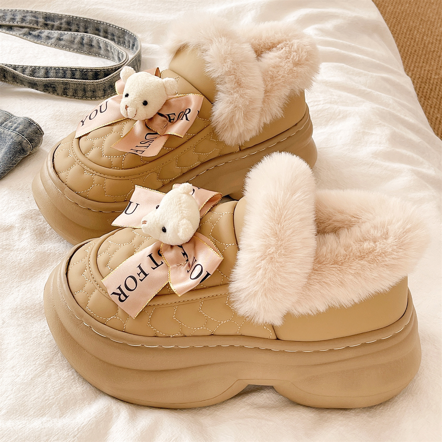 俏绘可爱小熊防水厚底包跟棉拖鞋