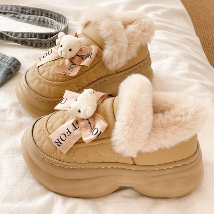 可爱小熊防水棉拖鞋女冬季室内外穿厚底增高包跟防滑加绒保暖棉鞋