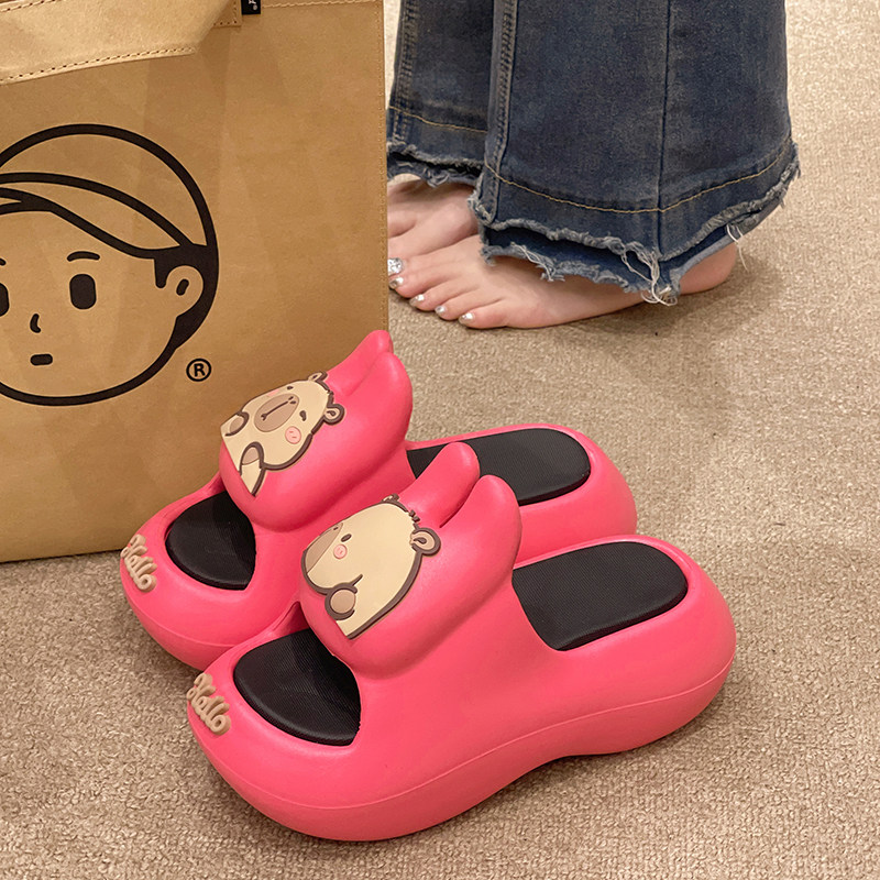 新款凉拖鞋女夏季外穿可爱兔耳朵水豚室内家居厚底增高防滑一字拖