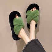交叉厚底防滑居家一字棉拖鞋 獭兔毛拼色高级感毛毛拖鞋 女秋冬时尚