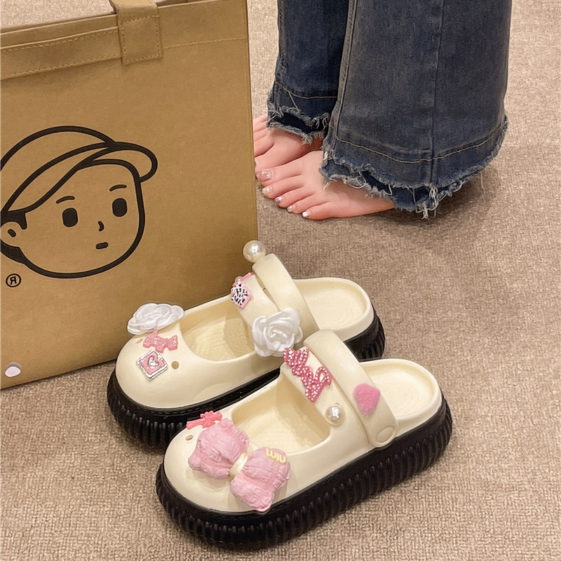 厚底洞洞鞋女夏季网红外穿可爱花朵蝴蝶结增高防滑包头两穿凉拖鞋