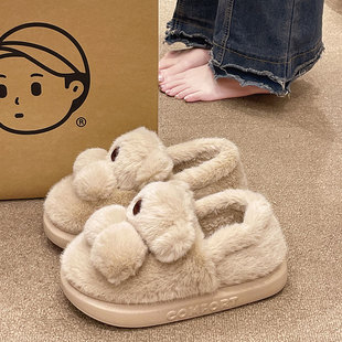 外穿卡通可爱居家室内防滑厚底毛绒保暖包跟棉鞋 小熊棉拖鞋 女冬季