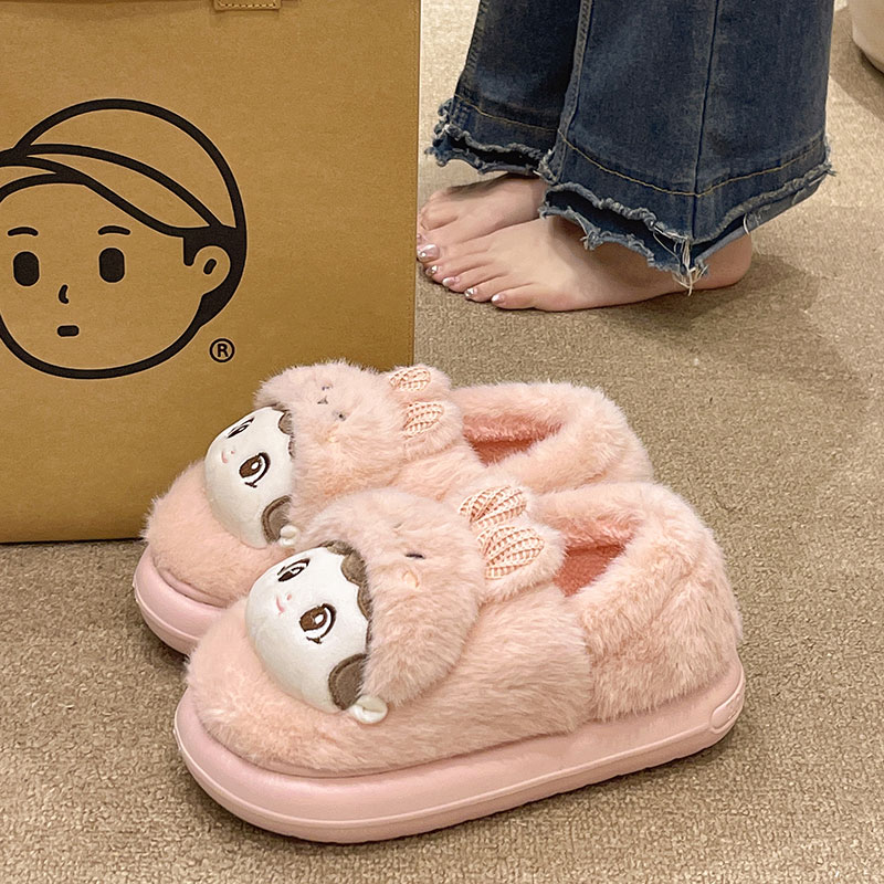 可爱兔帽女孩毛绒棉拖鞋