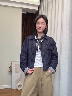 wenlustore春季新款防褪色深蓝棉麻袖口格子设计牛仔短款外套女