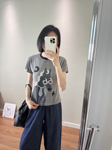 wenlustore夏季新款正肩眼镜马刺绣弹力短袖T恤