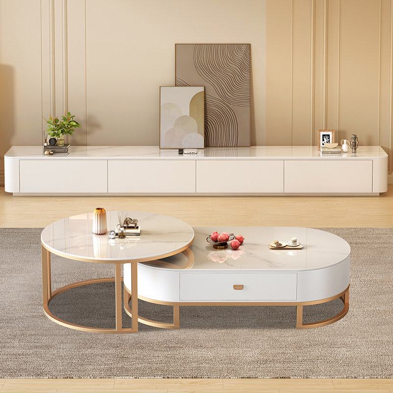 奶油风岩板电视柜客厅家用简约现代小户型落地茶几电视机柜组合