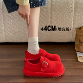 休闲百搭增高网红女鞋 皮带扣一脚蹬乐福鞋 子 女春季 红色厚底勃肯鞋