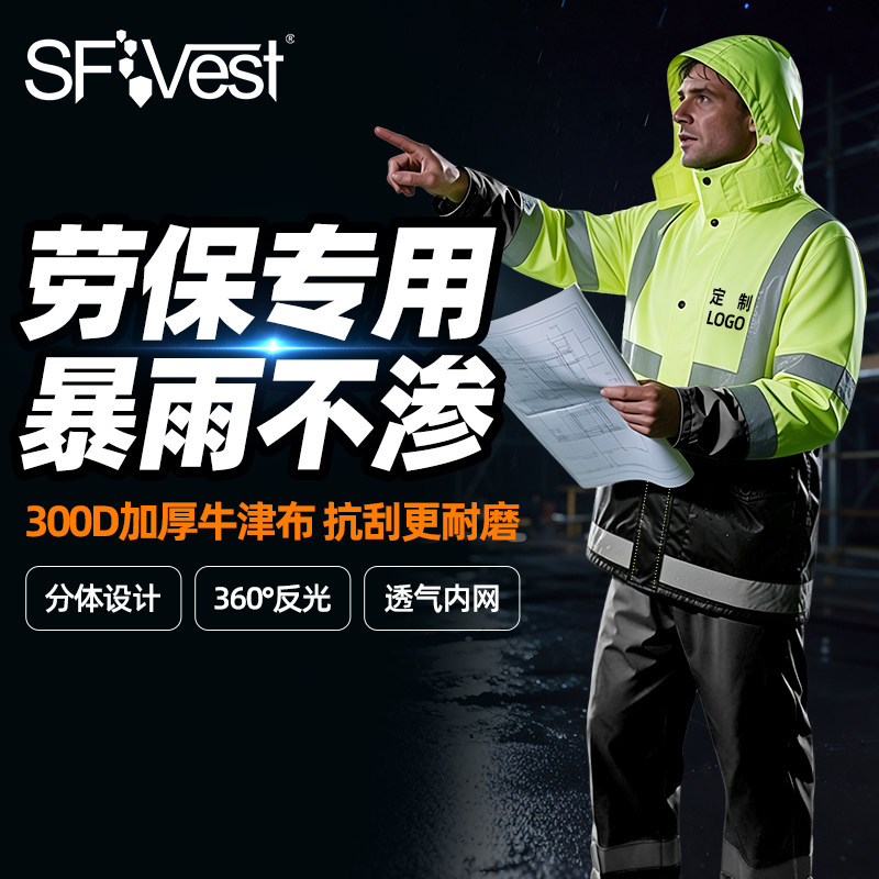 300D牛津布劳保套装反光雨衣耐磨
