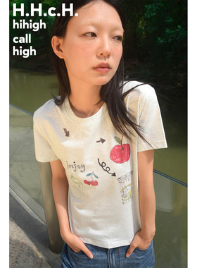 HHCH口海 25SS 手帐系列手绘苹果图案印花正肩白花灰色短袖T恤