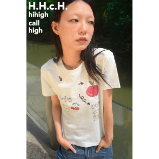 T恤 手帐系列手绘苹果图案印花正肩白花灰色短袖 HHCH口海 25SS