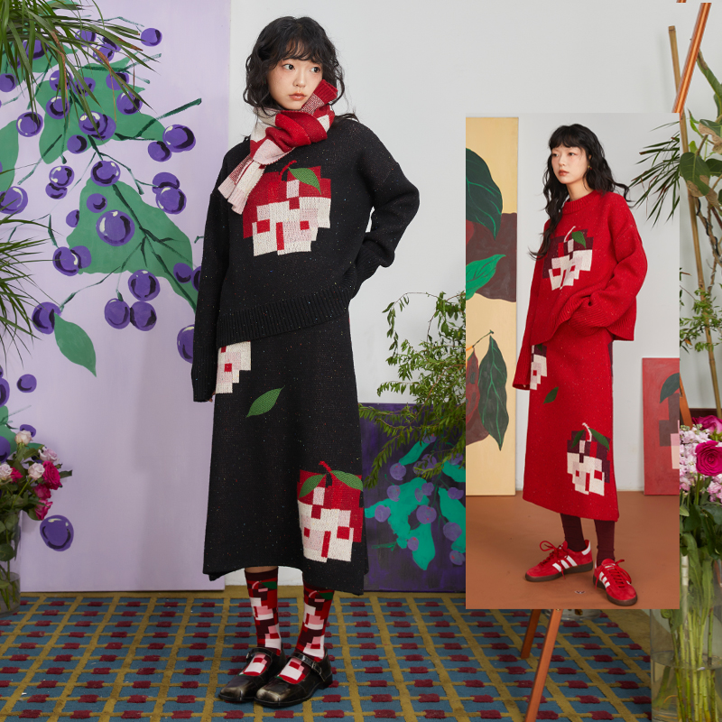 HHCH复古苹果羊毛毛衣半裙套装