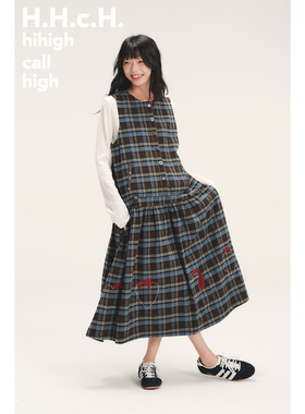 HHCH口海 AW25 手绘水果绣花撞色纽扣磨毛格纹长款无袖连衣裙