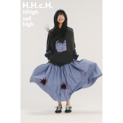 HHCH口海 AW25 手绘草莓格纹贴布绣连帽撞色长袖卫衣