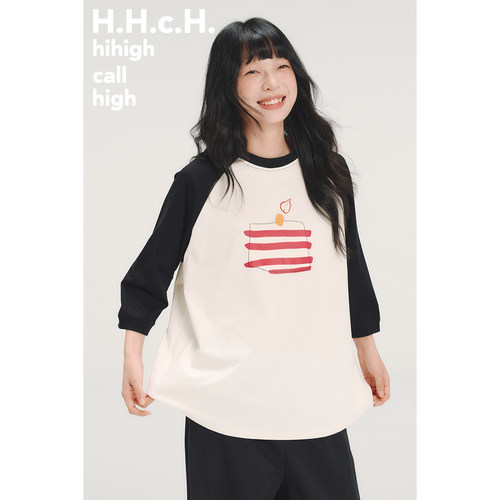 HHCH口海 SS26 手绘蛋糕印花黑白撞色拼接插肩袖七分袖中袖T恤