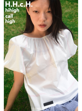 HHCH口海 25SS 撞色明线弹力一字领白色花苞短袖T恤上衣