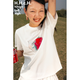 T恤 原创手绘草莓蛋糕印花落肩圆领宽松白色短袖 HHCH口海 25SS