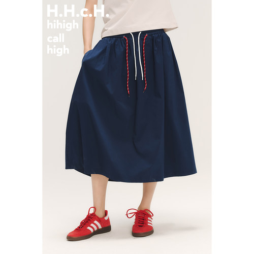 HHCH口海 SS26 波点苹果印花松紧腰撞色双腰绳藏青色中长款半身裙