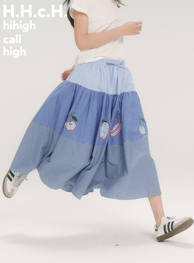 HHCH口海 25SS 水果贴布绣蓝色系格纹拼接松紧腰长款半身裙伞裙