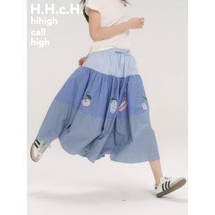 半身裙伞裙 水果贴布绣蓝色系格纹拼接松紧腰长款 HHCH口海 25SS