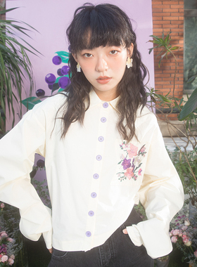 HHCH口海 日系复古少女樱花图案刺绣圆弧袖子不规则设计感衬衫