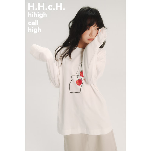HHCH口海 AW25 手绘樱桃盆栽印花圆领直筒宽松白色长袖T恤