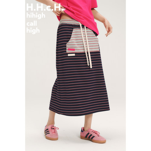 HHCH口海 条纹撞色拼接松紧腰袋鼠贴袋中长款直筒小A字半身裙