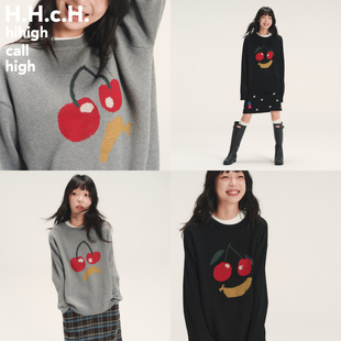 针织毛衣 原创樱桃表情提花羊毛混纺双色套头长袖 HHCH口海 AW25