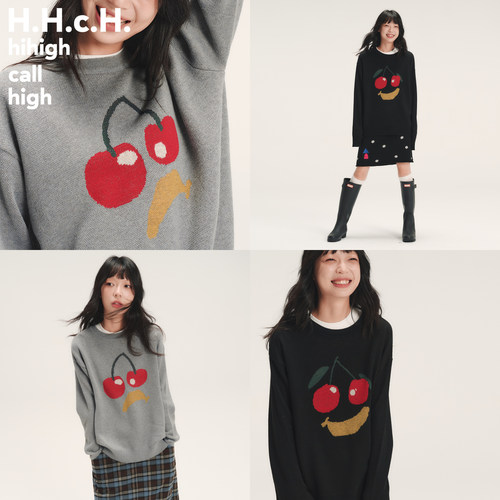 HHCH口海 AW25 原创樱桃表情提花羊毛混纺双色套头长袖针织毛衣