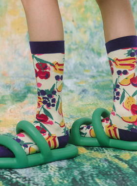 HHCH口海原创设计 复古水果系列奶白色提花撞色中筒袜