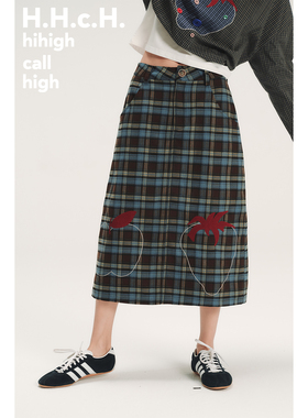 HHCH口海 AW25 手绘水果撞色绣花磨毛格纹中长款A字半身裙
