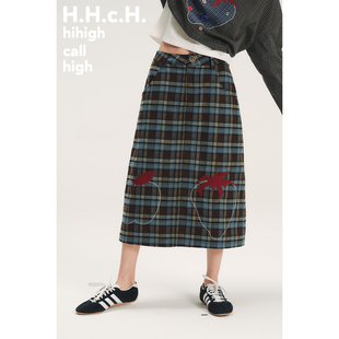 A字半身裙 手绘水果撞色绣花磨毛格纹中长款 HHCH口海 AW25