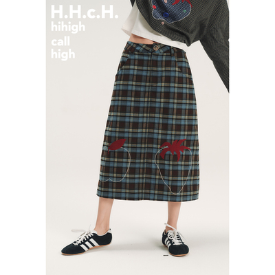 HHCH口海 AW25 手绘水果撞色绣花磨毛格纹中长款A字半身裙