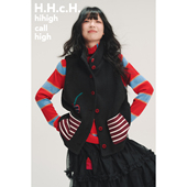 HHCH口海 AW25 手绘樱桃贴布绣条纹撞色立领摇粒绒黑色马甲外套